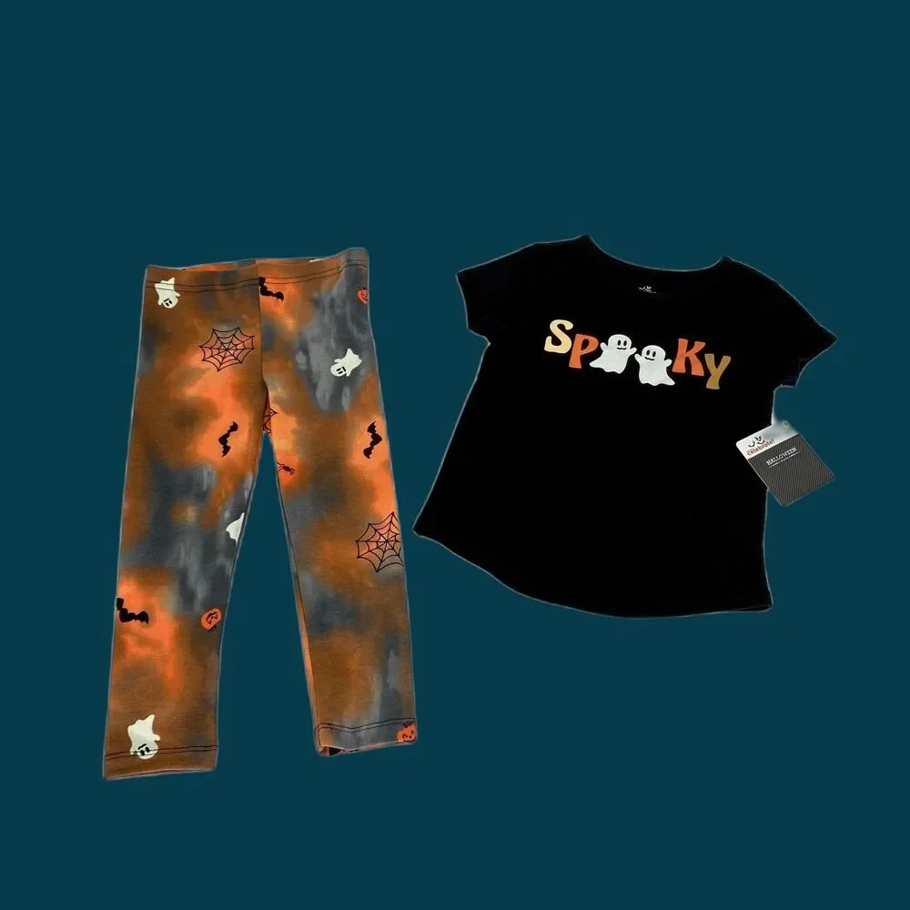 Halloween Girls Shirt Pants Set 3T Ghost Spooky Black Orange Tie Dye Knit